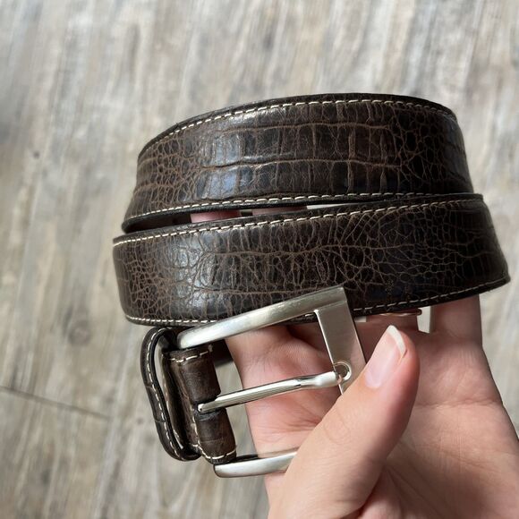 Torino Leather Belt Men's Brown Italian Embossed Calf 44 Silver - Picture 1 of 10